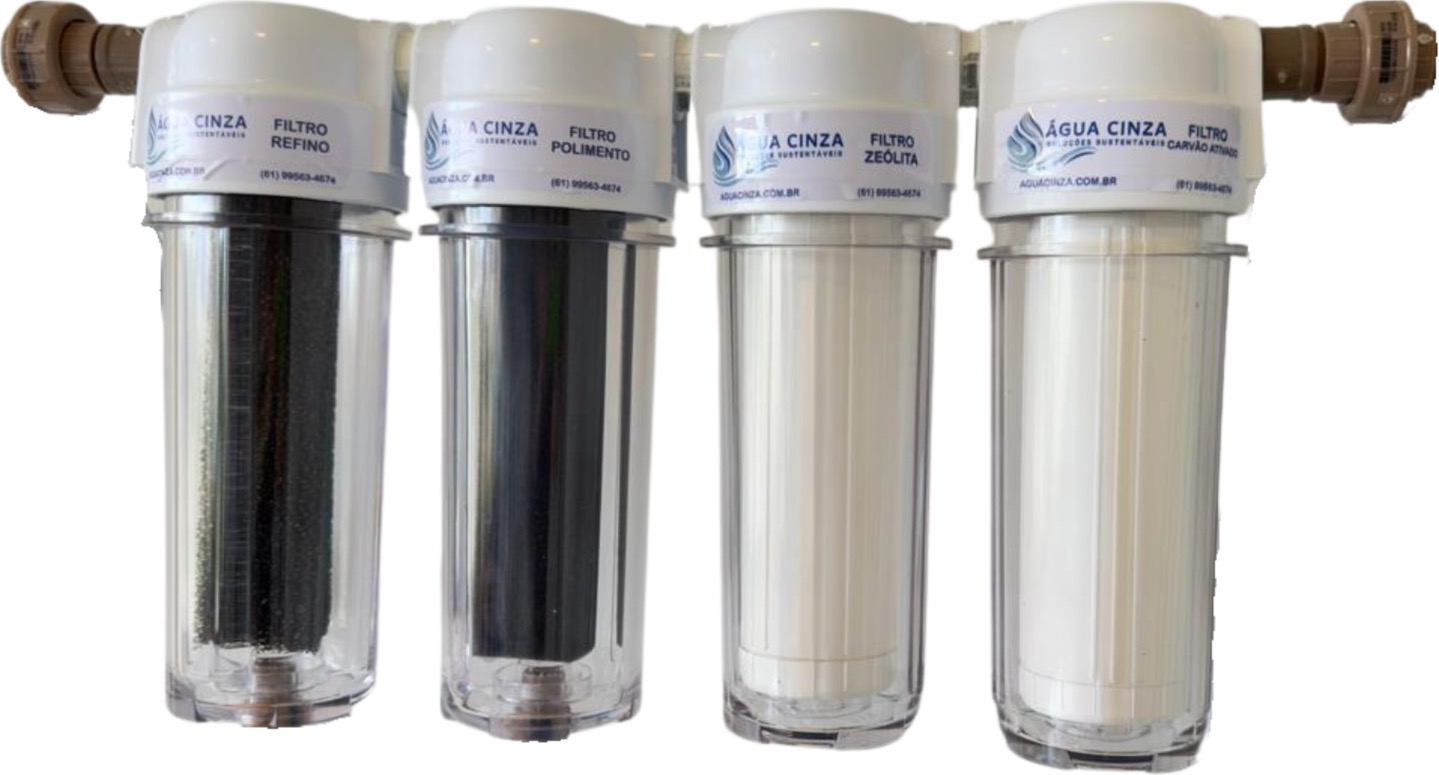 Conjunto de filtros Água Cinza para água pluvial: filtro de refino, polimento, zeólita e carvão ativado montados em linha.