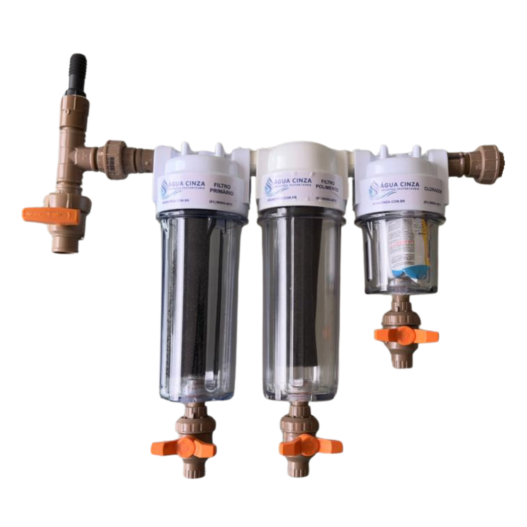 Sistema de filtragem Água Cinza para máquina de lavar: Filtro de refino, Filtro de polimento e clorador.